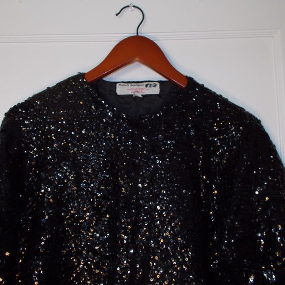 VTG Princess Boutiques Black Sequin Long Sleeve Jacket Women's L Lambswool - Picture 2 of 5